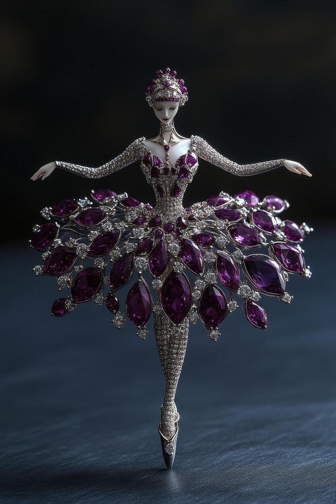Ballerina brooch adorned with exquisite gems showcasing intricate design and craftsmanship, capturing elegance and grace of dance in stunning jewelry form photo