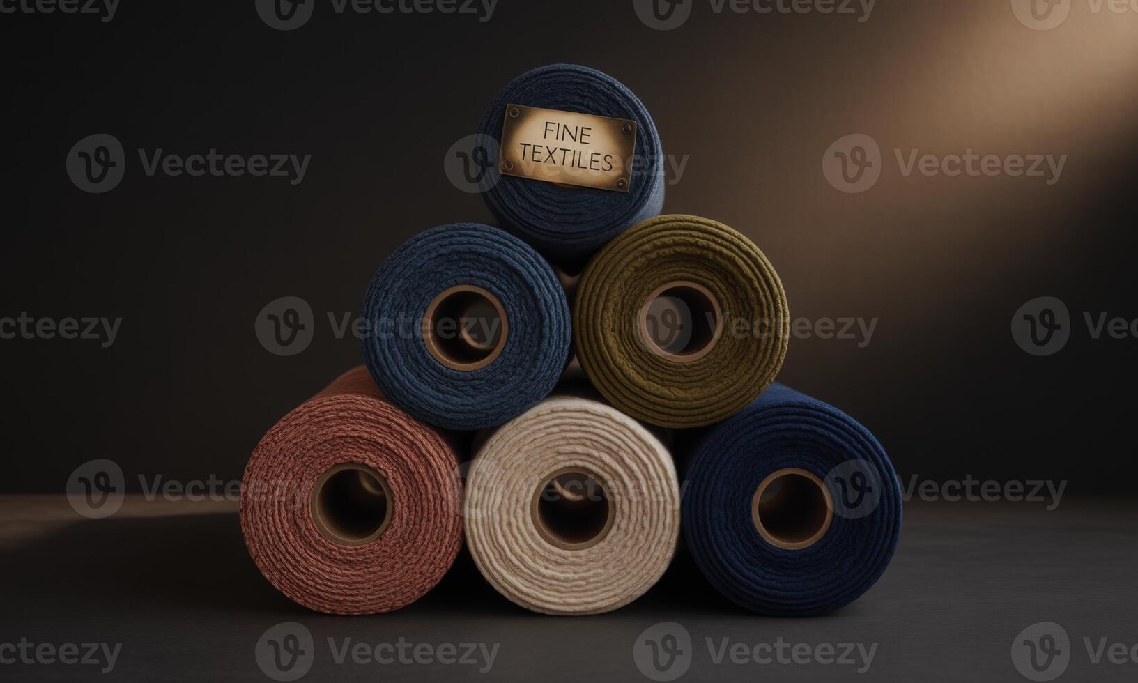 Pyramid stack of fine textile fabric rolls in various colors on a dark background photo