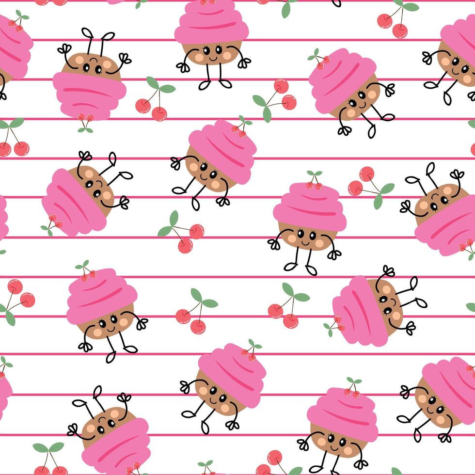 Cartoon cupcakes and cherries pattern vector