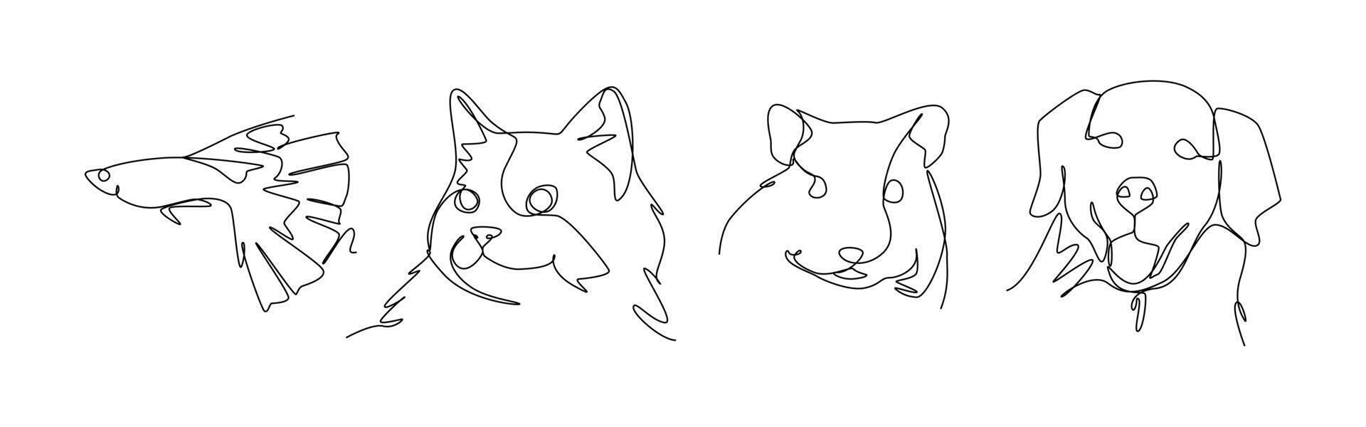 Set of pets in one line drawing style. Fish, cat, hamster, and dog. Editable illustration. vector
