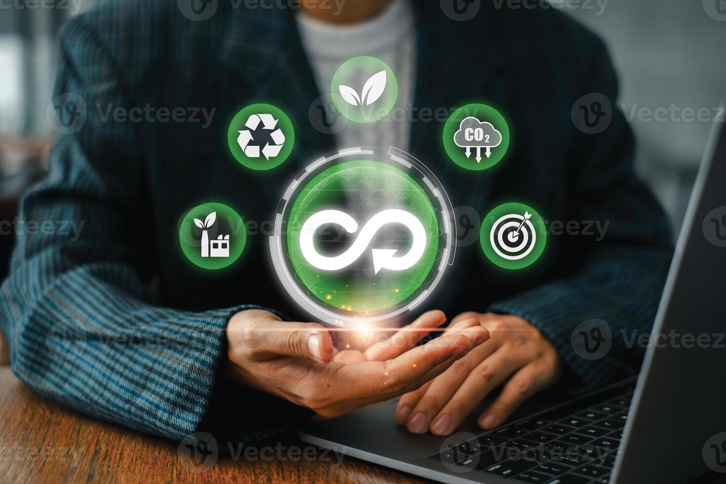 Visual representation of the circular economy with sustainability icons, highlighting eco-friendly and renewable business practices. photo