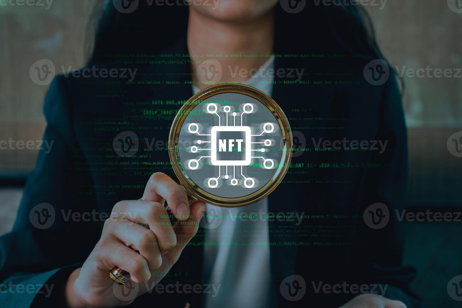 Explore the digital world of NFTs with this futuristic concept showcasing blockchain and cryptocurrency innovation. photo