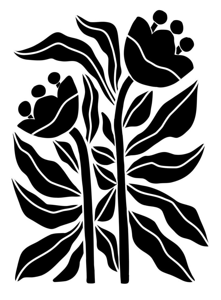 Flat Illustration inspired by Henri Matisses cut out style, poster of abstract flowers and leaves in black and white colors, hand drawn and arranged on a white background. vector