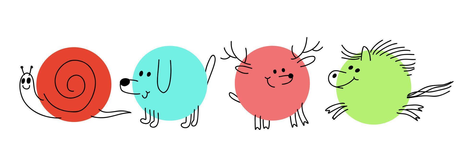 A collection of simple stickers with smiling animals drawn with pencil lines in a circle. Cute pictograms depicting a snail, a dog, a horse and a deer vector