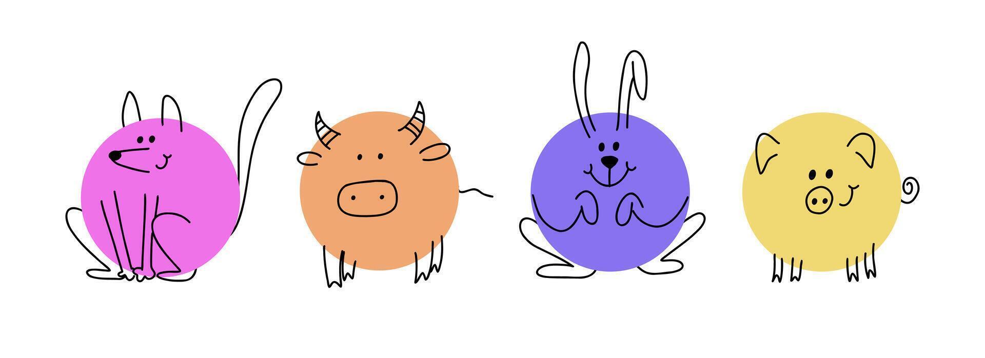 A collection of simple stickers with smiling animals drawn with pencil lines in a circle. Cute pictograms depicting a fox, a cow, a pig and a hare vector