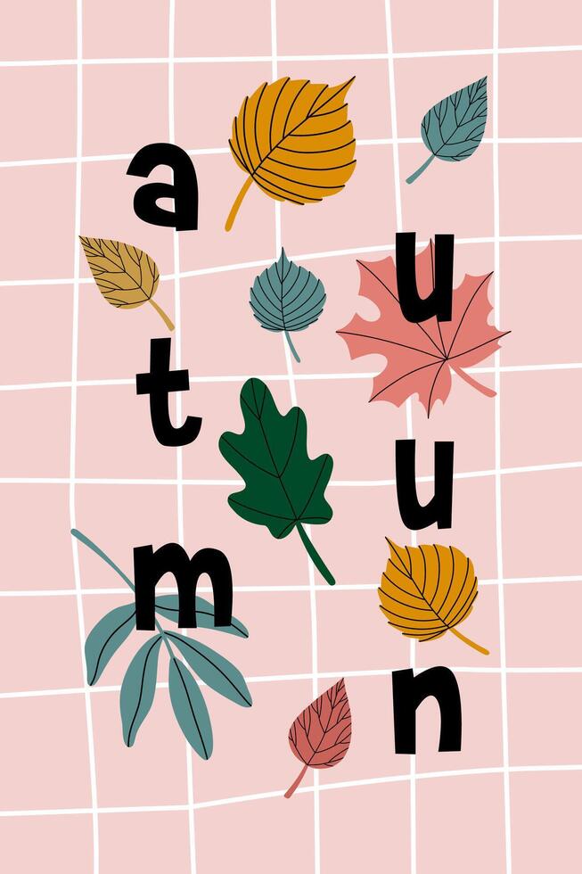 Flat illustration of a hand drawn poster or card with abstract leaves shapes and black letters Autumn. Minimalist composition perfect for seasonal decor. vector