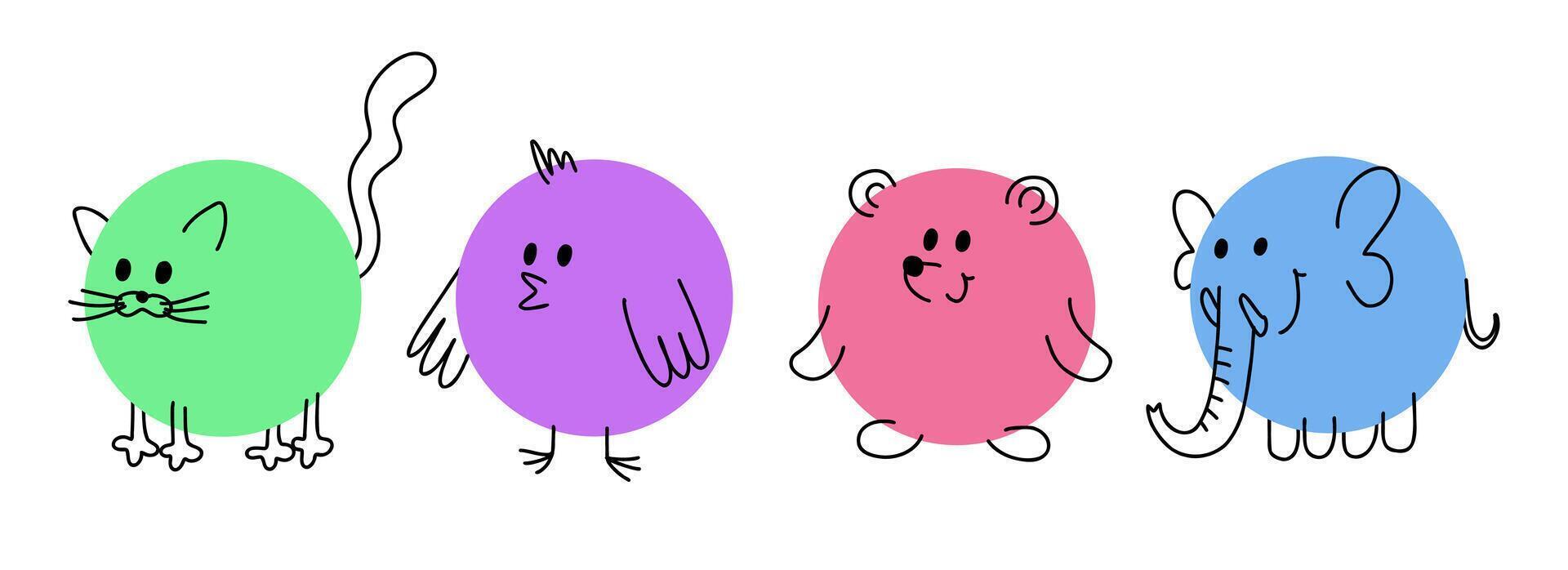 A collection of simple stickers with smiling animals drawn with pencil lines in a circle. Cute pictograms depicting a cat, a chicken, a bear and elephant vector