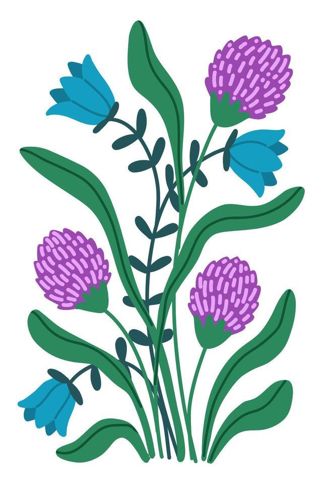 Flat illustration of hand drawn poster featuring isolated delicate bouquet of wildflowers, including clover and bell flower on white background. Botanical composition in a minimal style vector