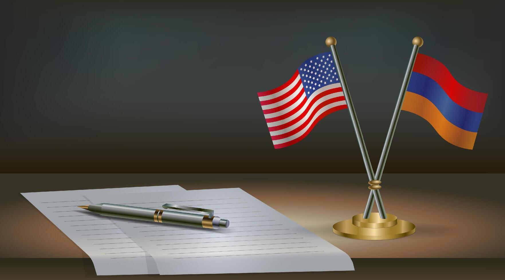 US and Armenian flags with pen and paper vector