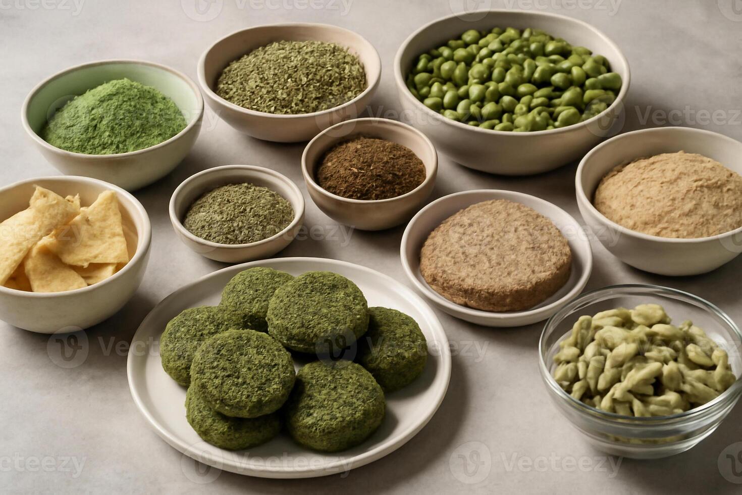 Various types of green tea in bowls photo