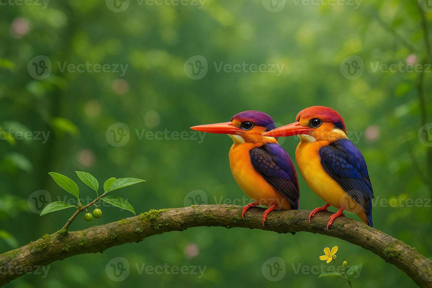 image of a male and female oriental dwarf kingfisher perched on a mossy branch in a vibrant green forest with natural daylight and serene tropical atmosphere photo