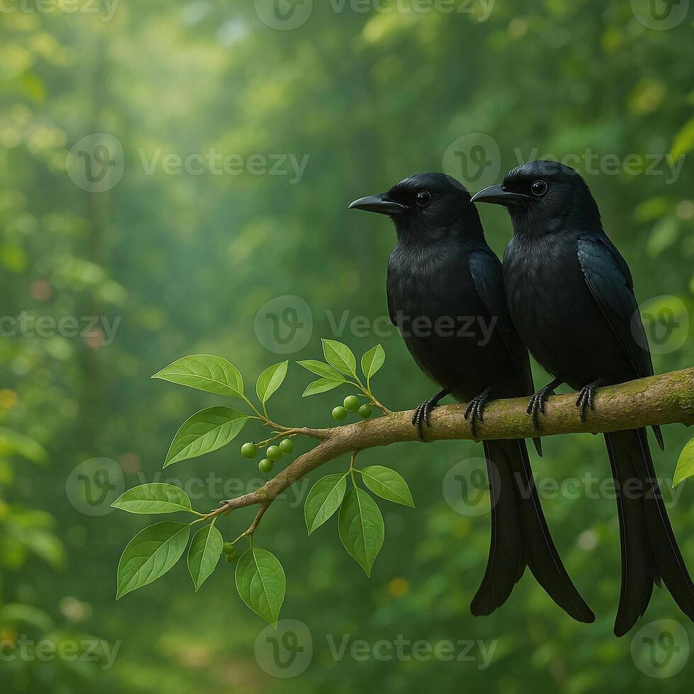 image of a pair of black drongos perched on a leafy branch in a lush green forest with soft background and vivid daylight ideal for nature themes and editorial use photo