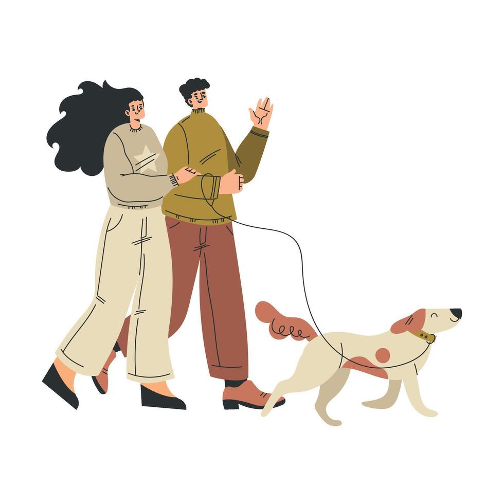 Man and Woman Character Walking Dog Pet with Leash as Domestic Animal Illustration vector