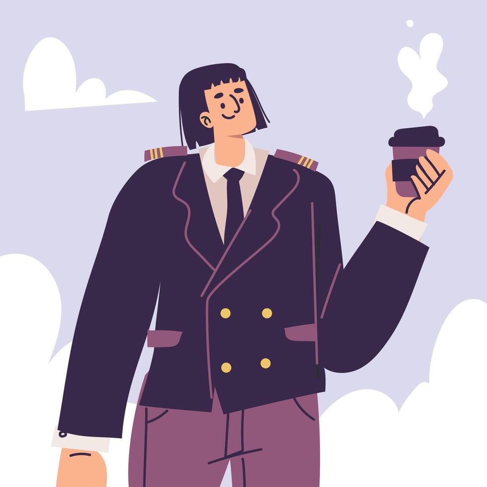 Pilot Woman Character in Uniform with Tie Drink Coffee Illustration vector