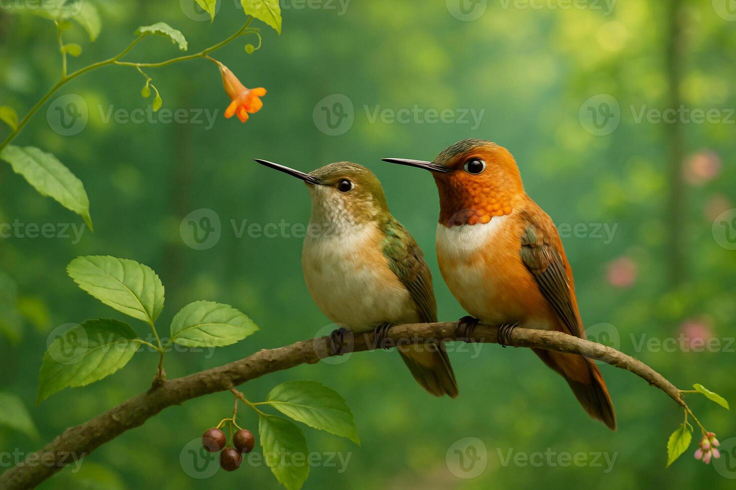 image of male and female rufous hummingbirds perched on a leafy branch with berries and flowers in a vibrant green forest under natural daylight photo