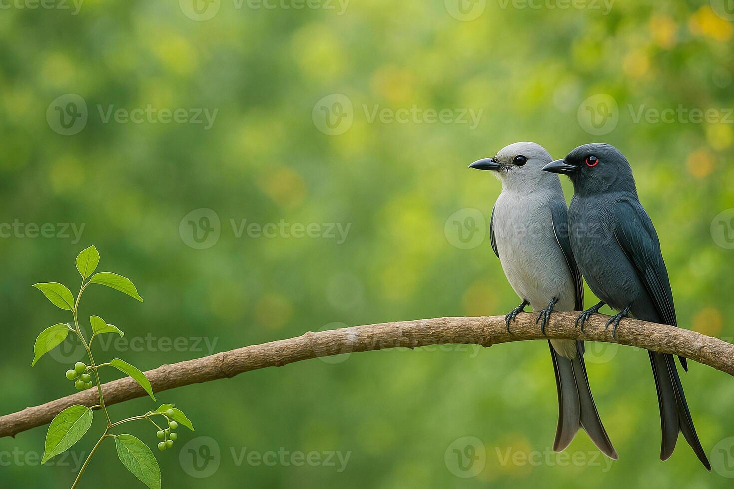 image of a male and female ashy drongo perched closely on a forest branch in daylight with soft focus greenery and flowers in the background photo