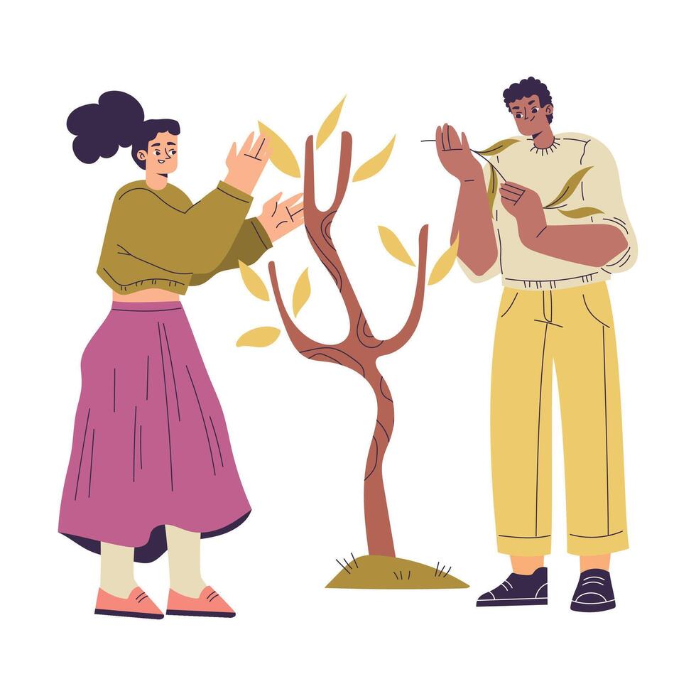 Couple pruning a tree in the garden vector