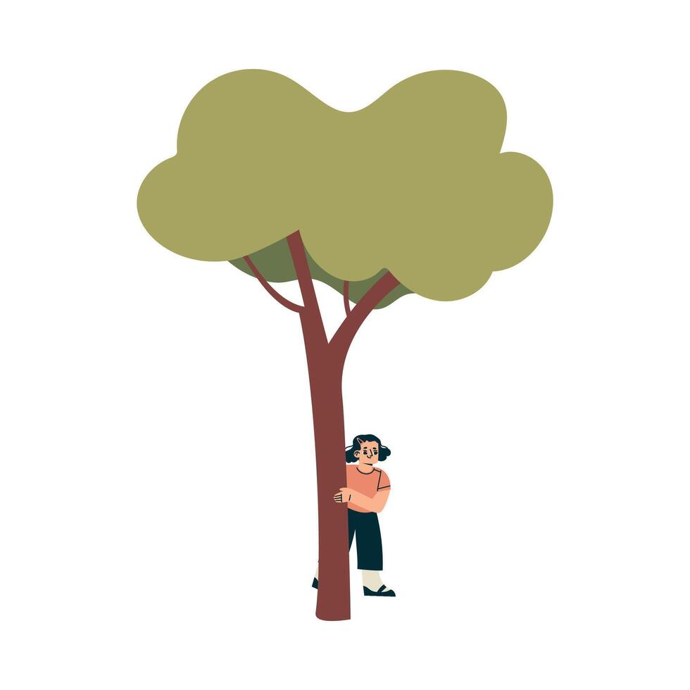Playful Little Girl Hide Behind Tree Enjoying Summer Illustration vector