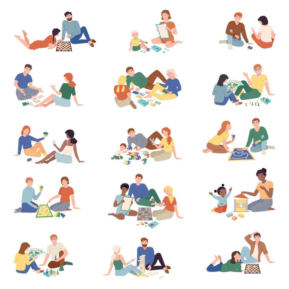 People Play Board Games Spend Time Together Big Set vector