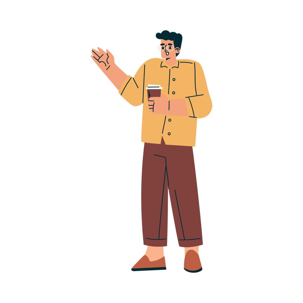 Man waving with coffee cup vector