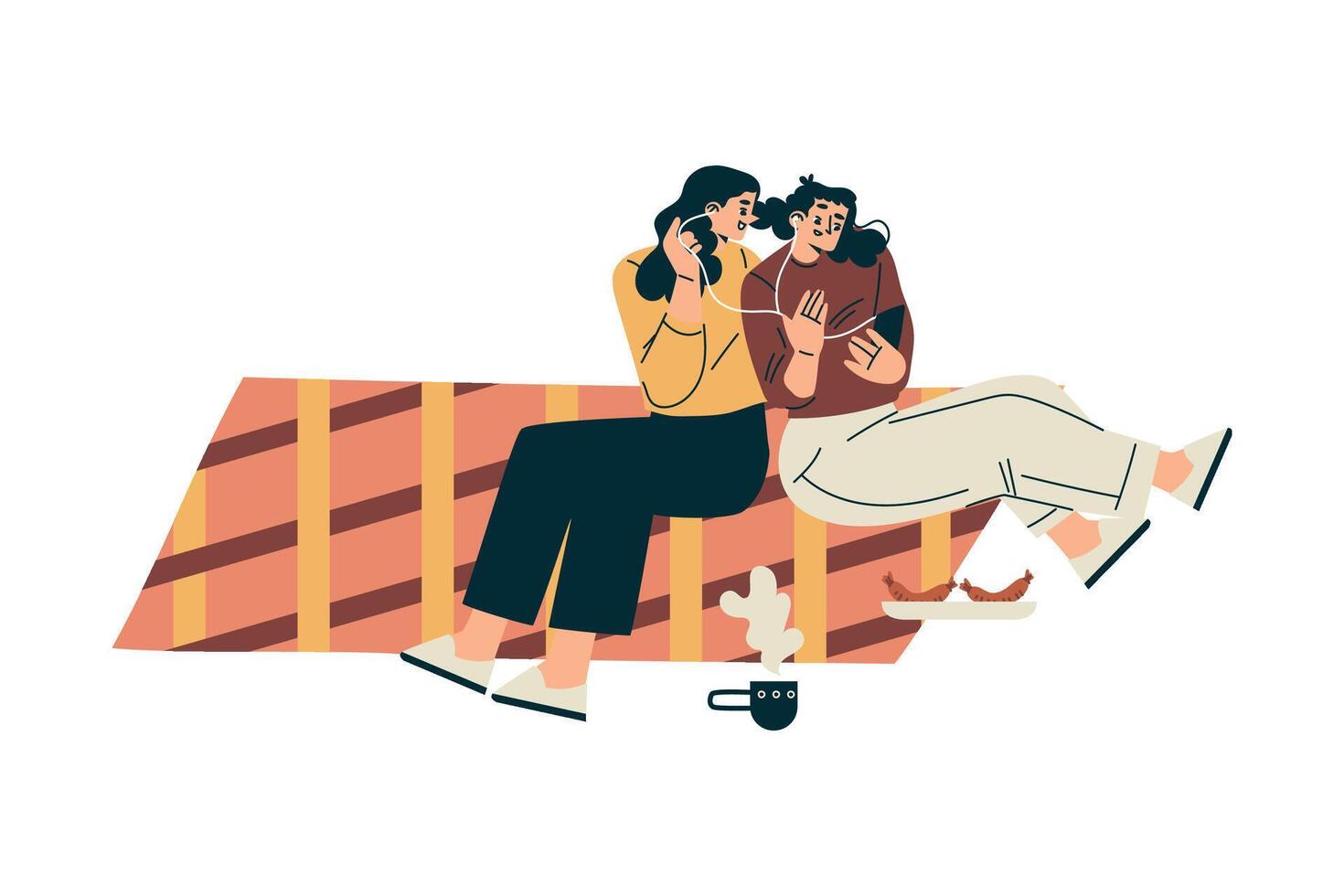 Woman Character Sit on Blanket with Sausage Relaxing in Nature in the Park Have Barbecue and Listen to Music Illustration vector