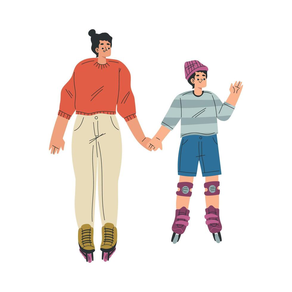 Woman Character Roller Skating Ride on Rollers with Her Son Illustration vector