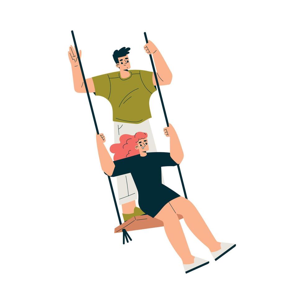Man and Woman Character on Swing Hang with Rope Enjoy Recreation Illustration vector