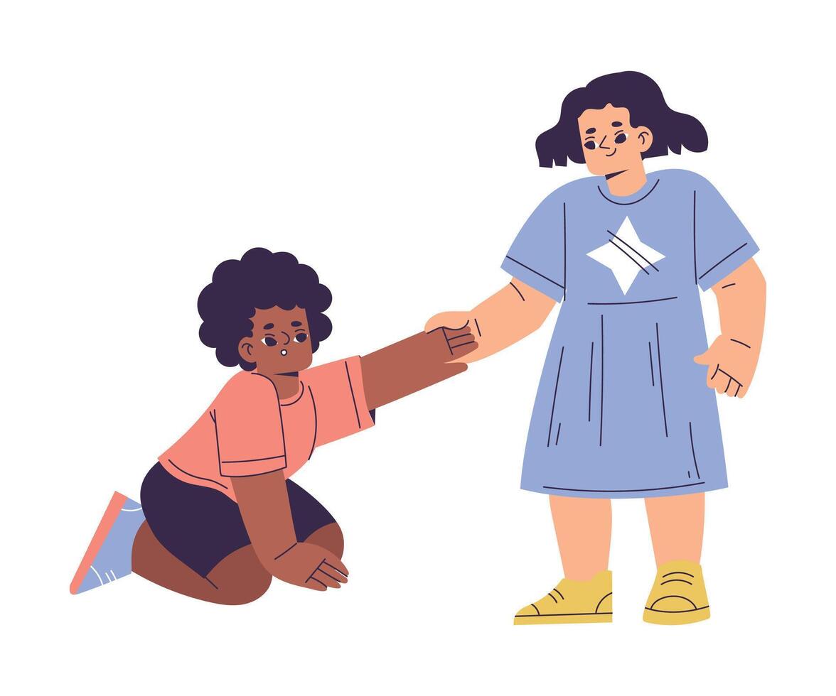 Polite Girl Character Give Hand with Fallen Friend Having Good Manners Illustration vector