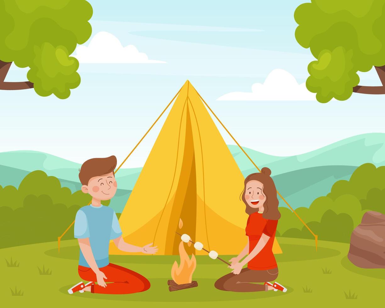 Man and Woman Frying Marshmallow Camping with Tent Enjoy Vacation Illustration vector
