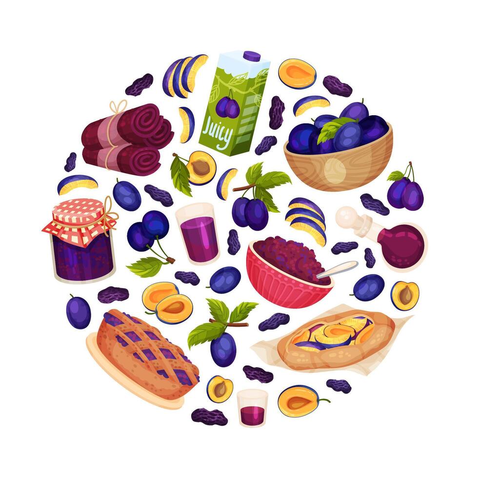 Colorful assortment of plum-based foods vector
