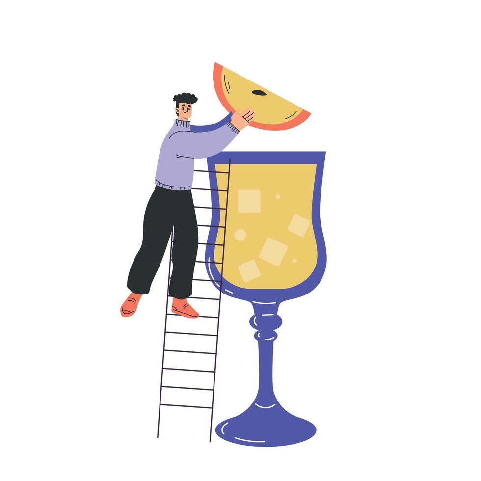 Man Character with Big Cocktail Glass on Ladder Add Apple Illustration vector