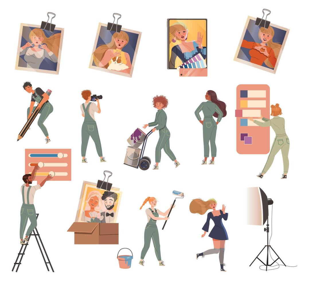 People Retouch Photo and Doing Photography Adjustments Set vector