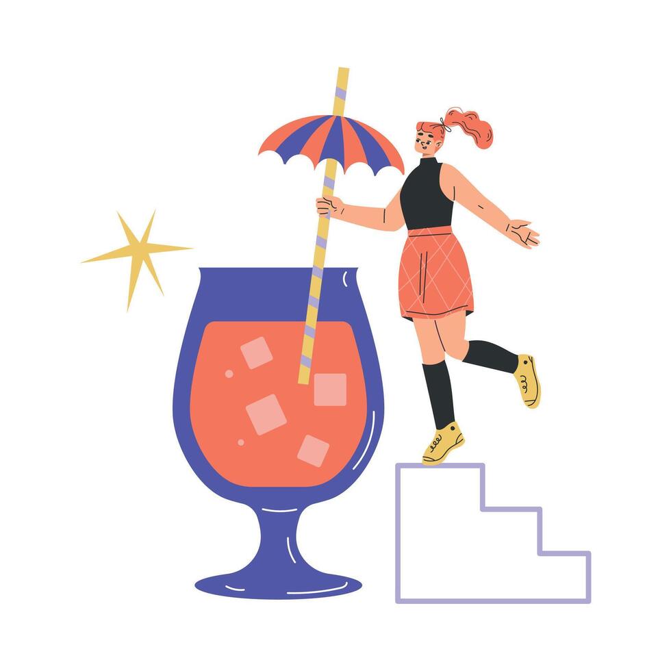 Woman Character with Big Cocktail Glass on Ladder Illustration vector
