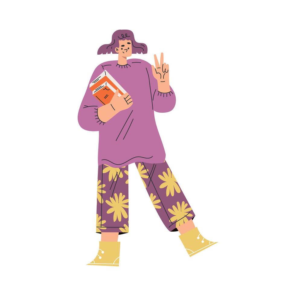 Woman with Book and Interesting Literature Showing V Sign Gesture Illustration vector