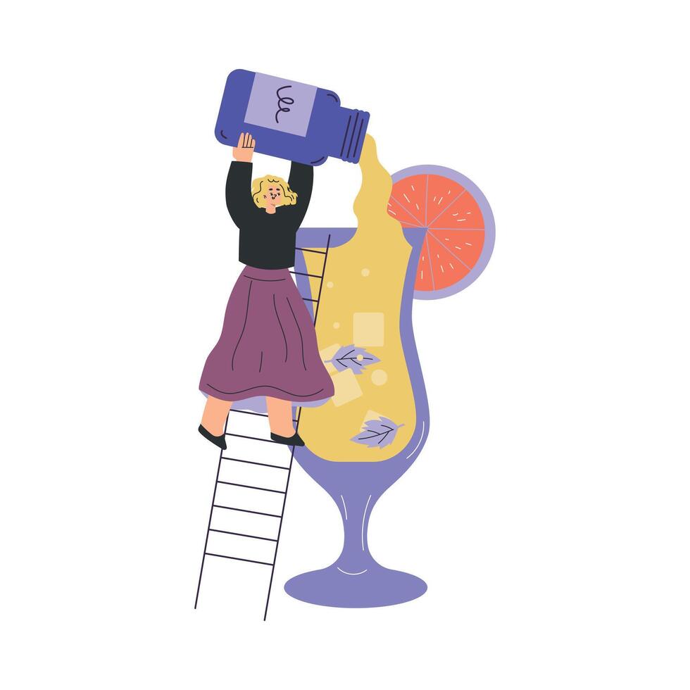Woman Character with Big Cocktail Glass on Ladder Add Flavor Illustration vector