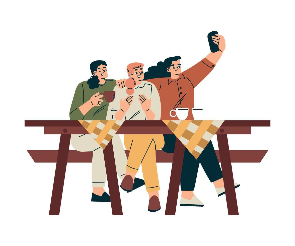 Woman Character Sit at Table Take Selfie Relaxing in Nature in the Park Have Barbecue Illustration vector