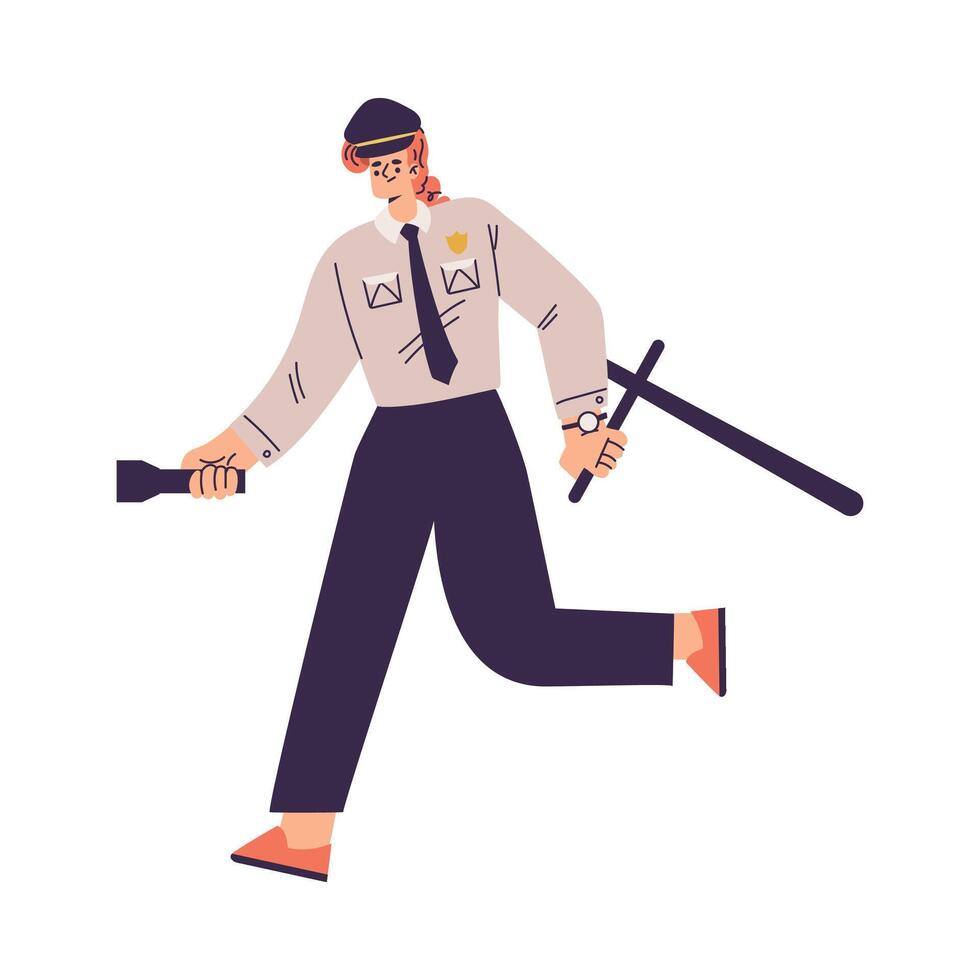 Policewoman Character in Uniform with Tie run with Flashlight and Baton Illustration vector
