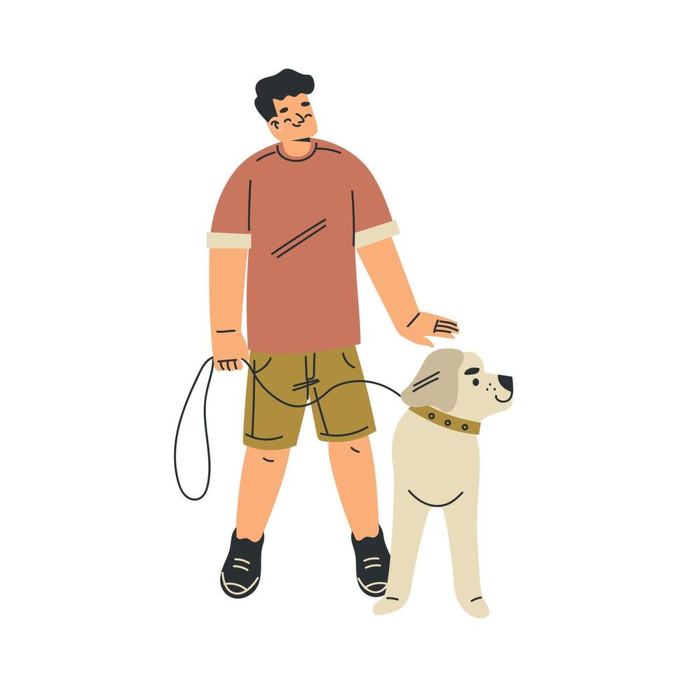Boy Character with Dog Pet on Leash as Domestic Animal Illustration vector