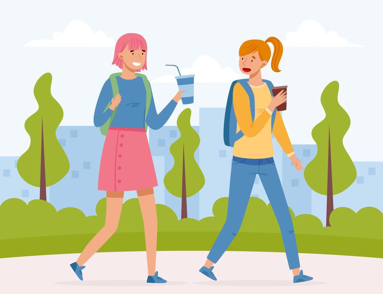 Woman Teenager with Cup of Coffee Walking and Talking Illustration vector