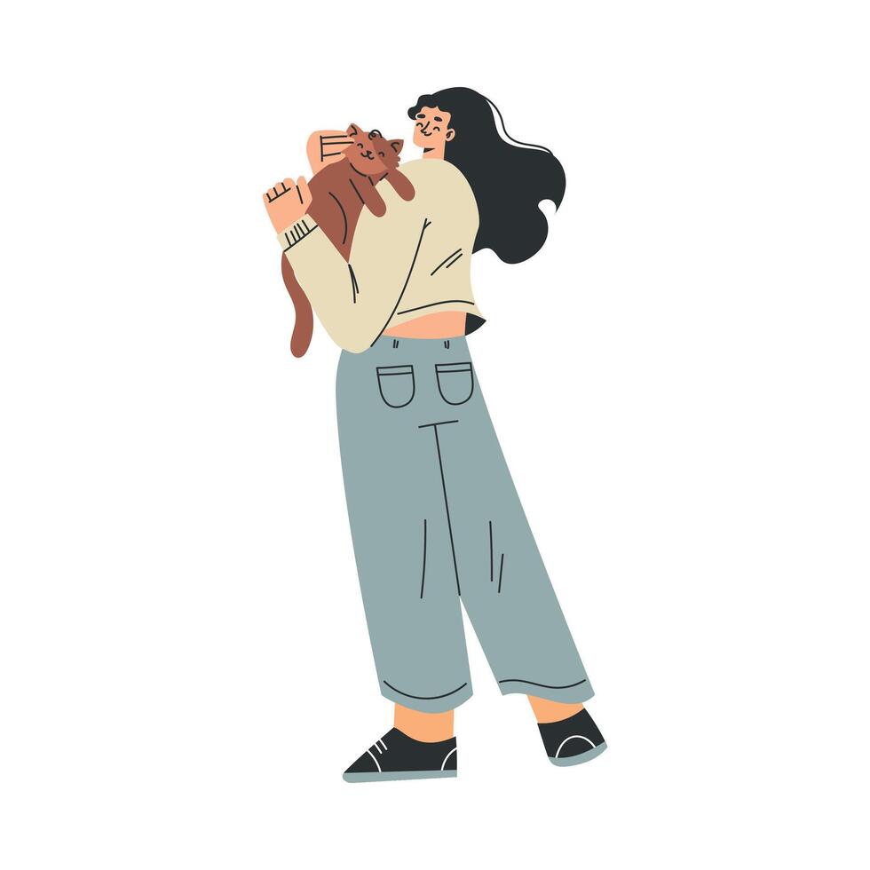 Woman Character with Cat Pet as Domestic Animal Illustration vector