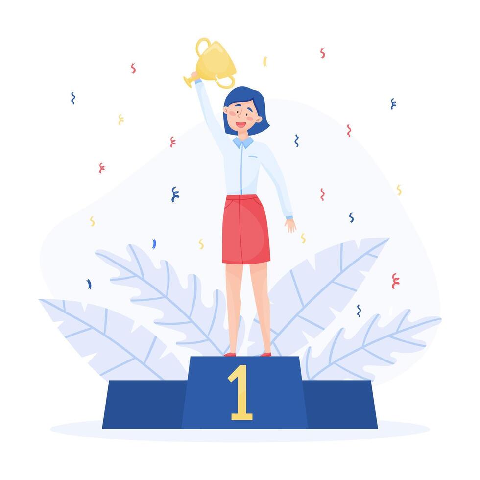 Business Woman Character with Golden Cup or Goblet Award Illustration vector