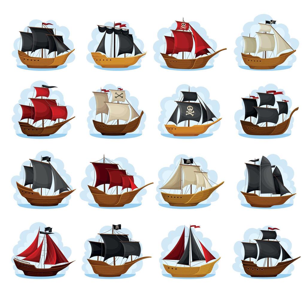 Pirate Ship with Black and Red Sails and Wooden Deck Set vector