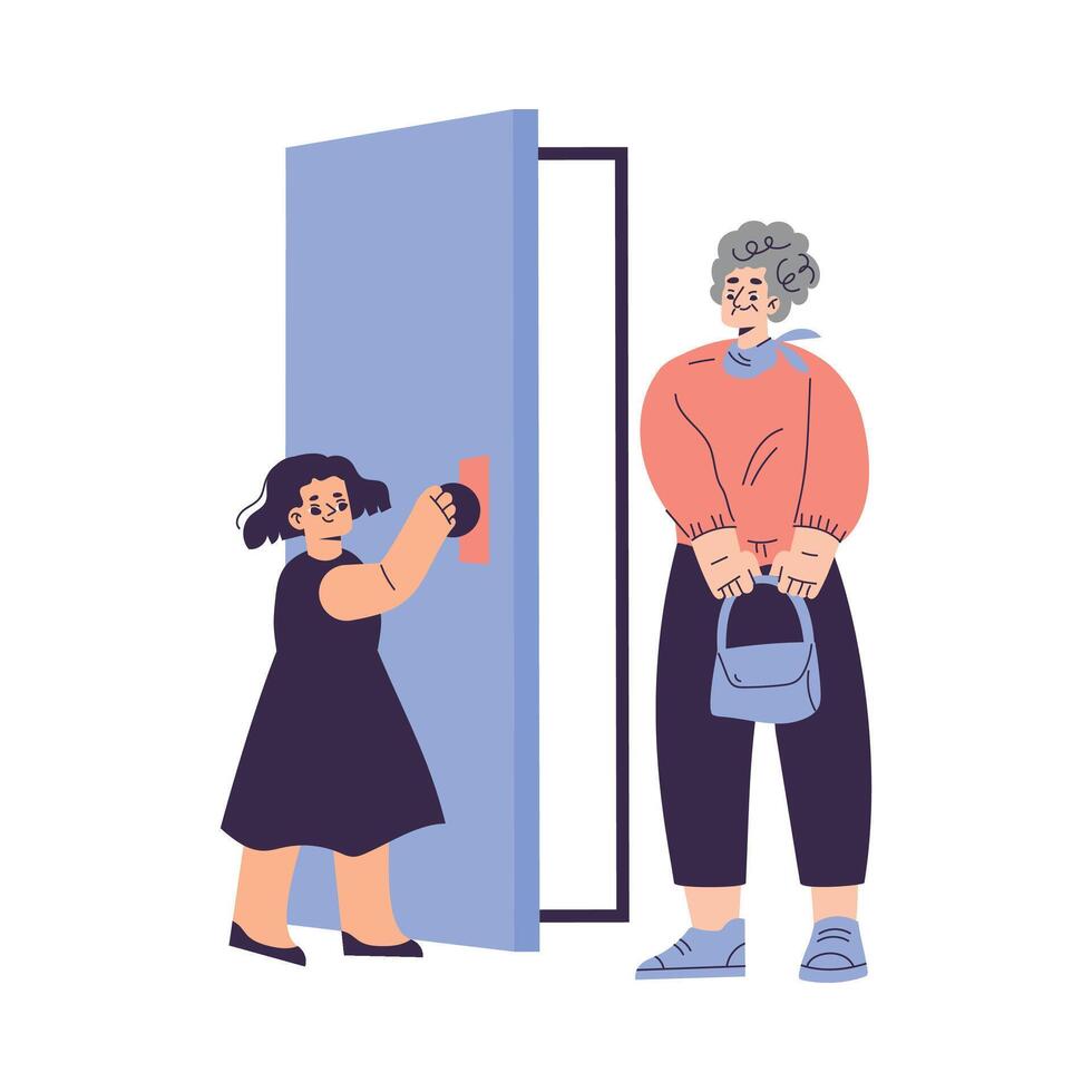 Polite Girl Character Open Door to Senior Woman Having Good Manners Illustration vector