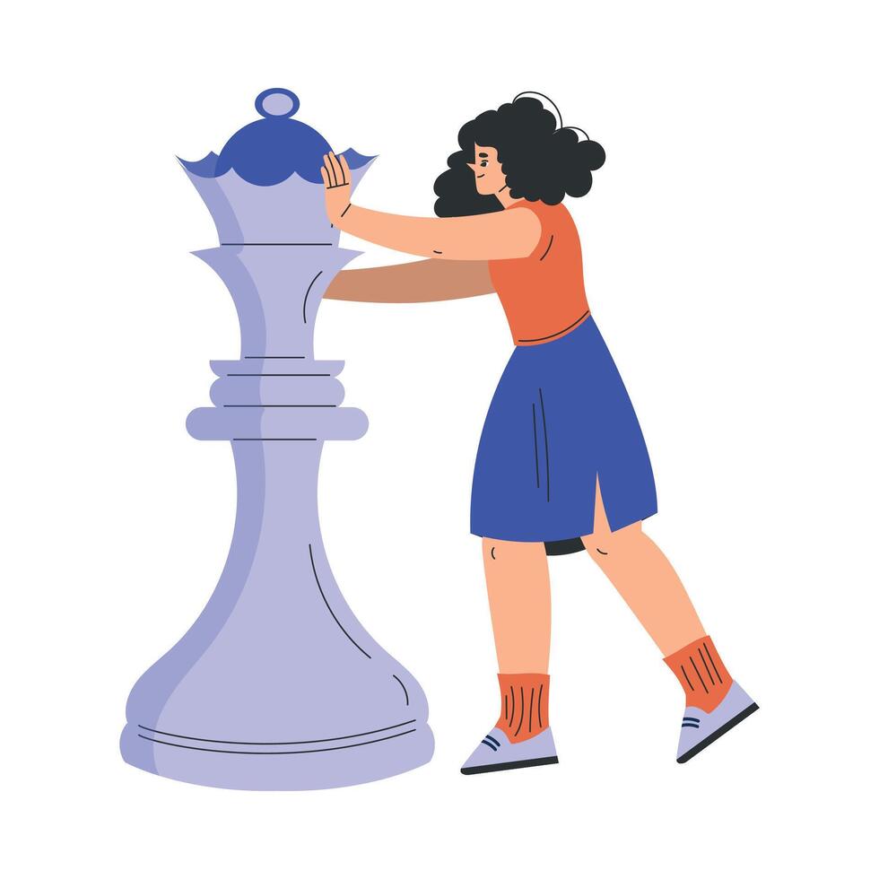 Woman Character with Big Chess Queen Piece Illustration vector