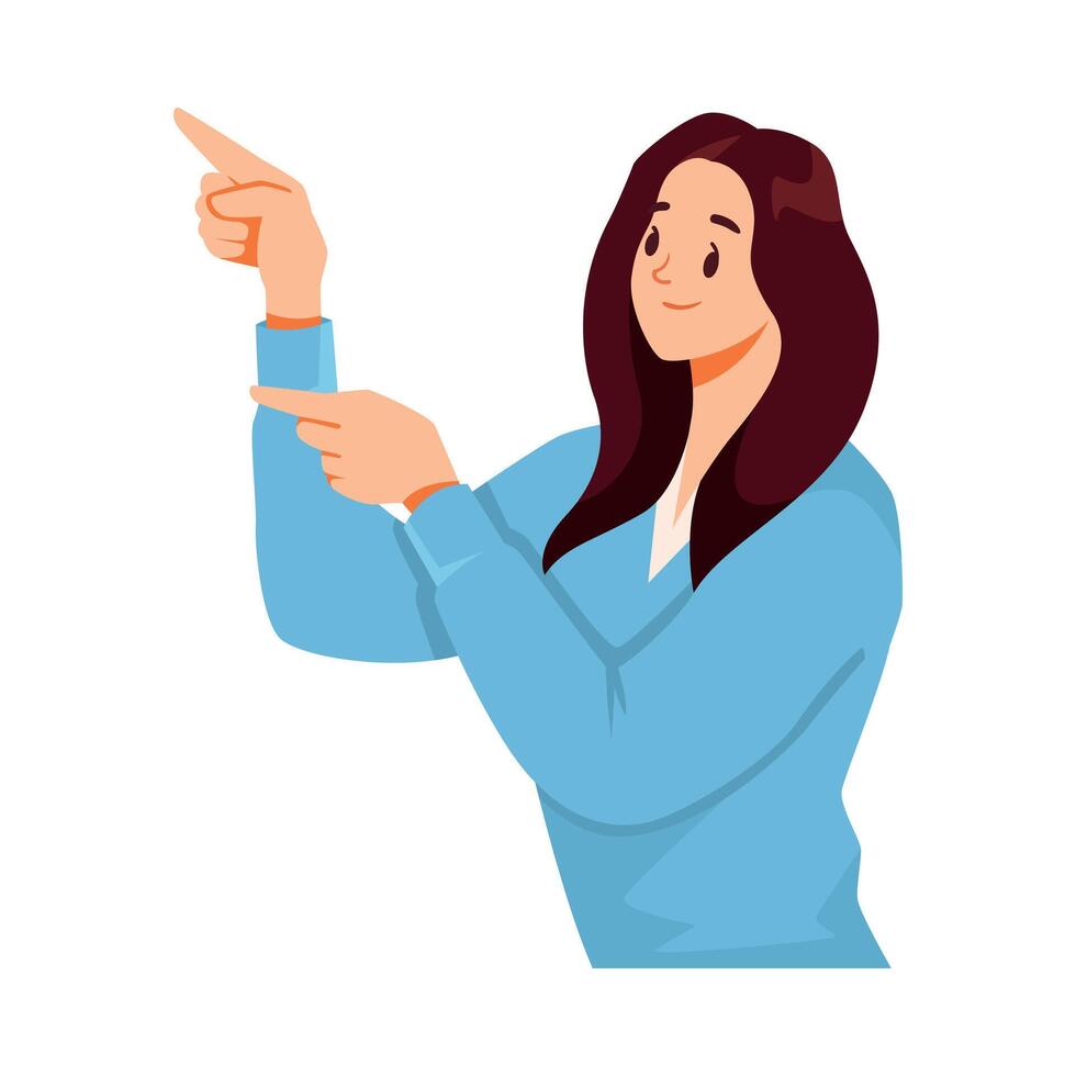 Woman Character Showing Hand Gesture Pointing Finger Expressing Emotion with Body Language Illustration vector