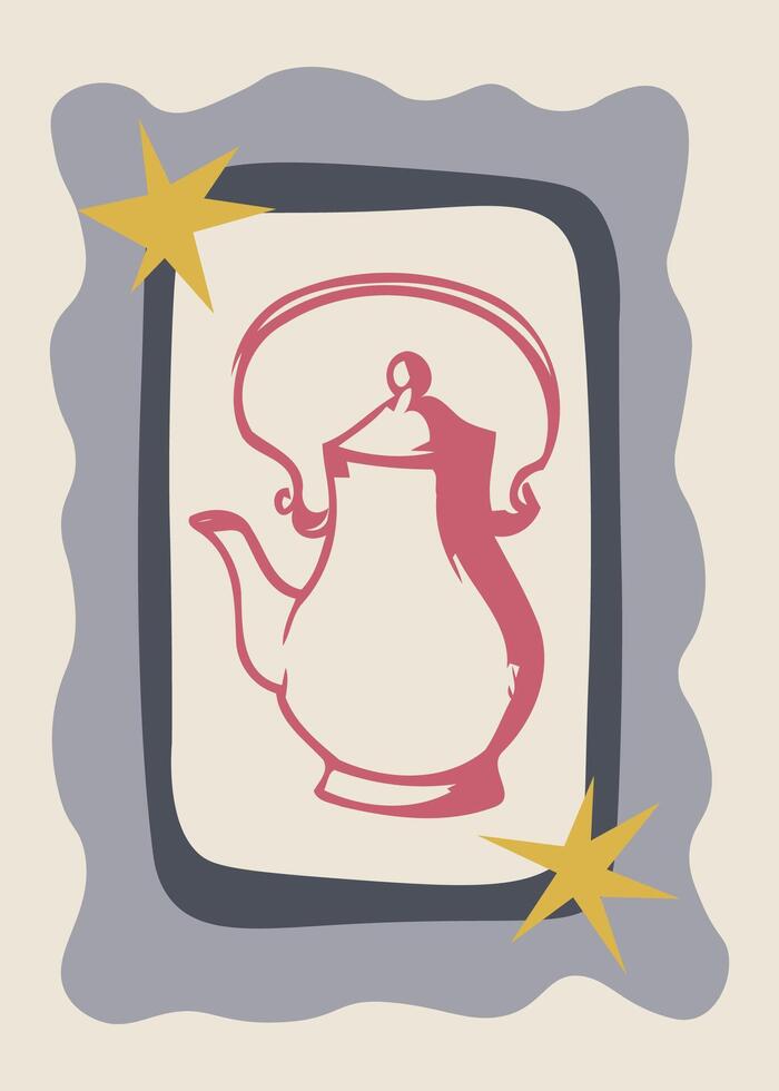 Red Teapot with Golden Stars and Minimal Frame for Bold Decor vector