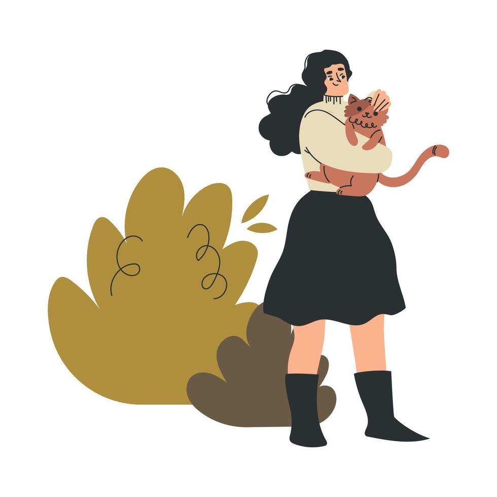 Woman Character Carry Cat Pet as Domestic Animal Illustration vector