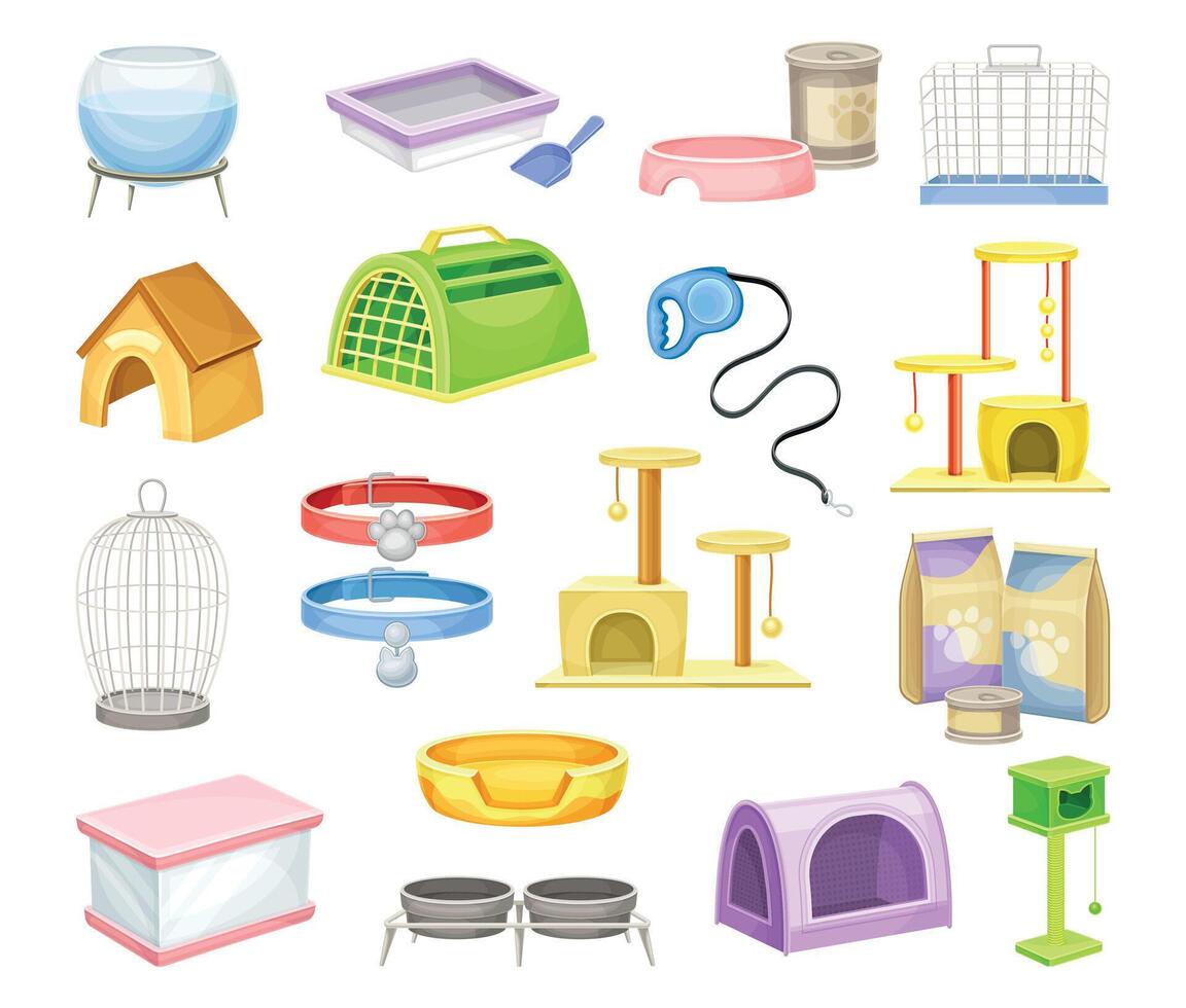 Array of pet care products and accessories vector