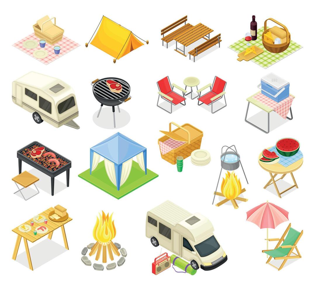 Collection of camping gear and picnic items vector
