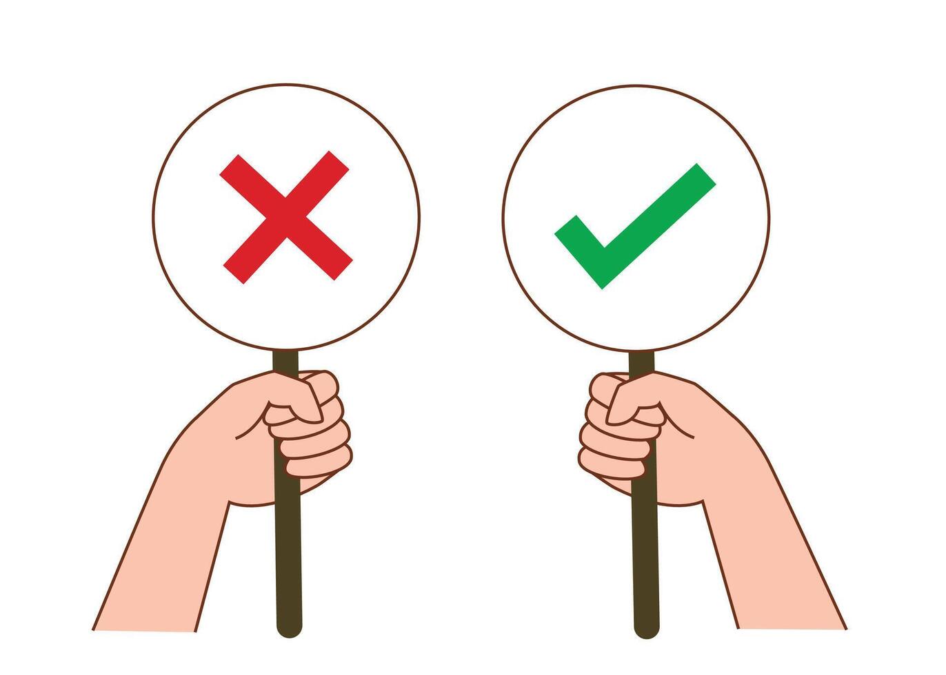 Hands are holding wrong and true sign, incorrect and correct, cross and tick symbols for illustration and recommendation vector